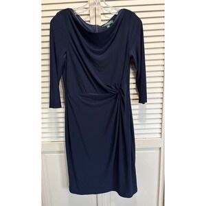 Lauren Ralph Lauren Navy Cowl Neck 3/4 Sleeve Size 6 Midi Dress Back Zip
